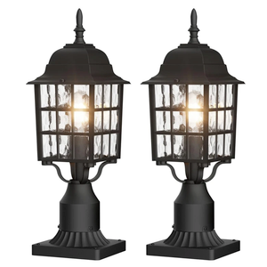 Aoceley Outdoor Post Light 2-Pack, Exterior Lamp Post Light Fixture with Pier Mount Base, Exterior Pole Lantern Light, Black with Water Ripple Glass