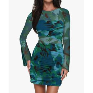 BTFBM Womens Sexy Long Sleeve Mini Dress Mesh Floral Print Bodycon Short Cocktail Party Dress, M