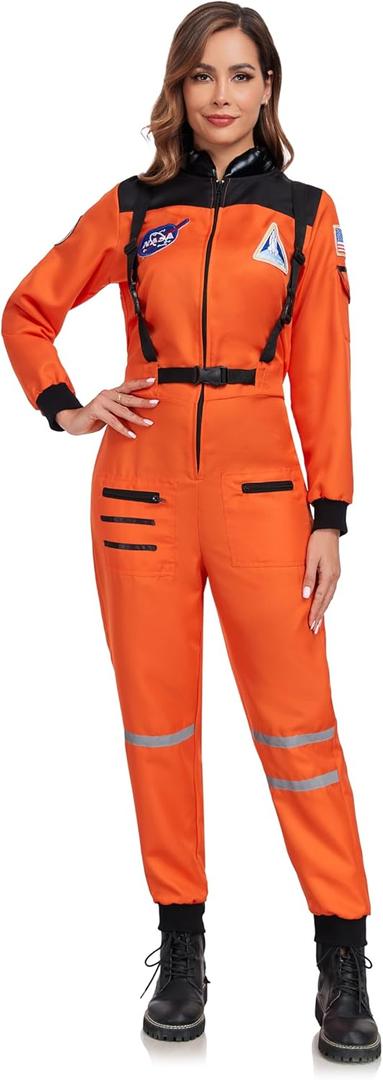 Women's Astronaut Costume Adult Space Suit Halloween Dress up (Small, Orange)