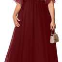 Pinup Fashion Women Plus Size Formal Dresses - Sequin Evening Gown Prom Wedding Guest Floor Length Dress (Burgundy, 14 Plus)