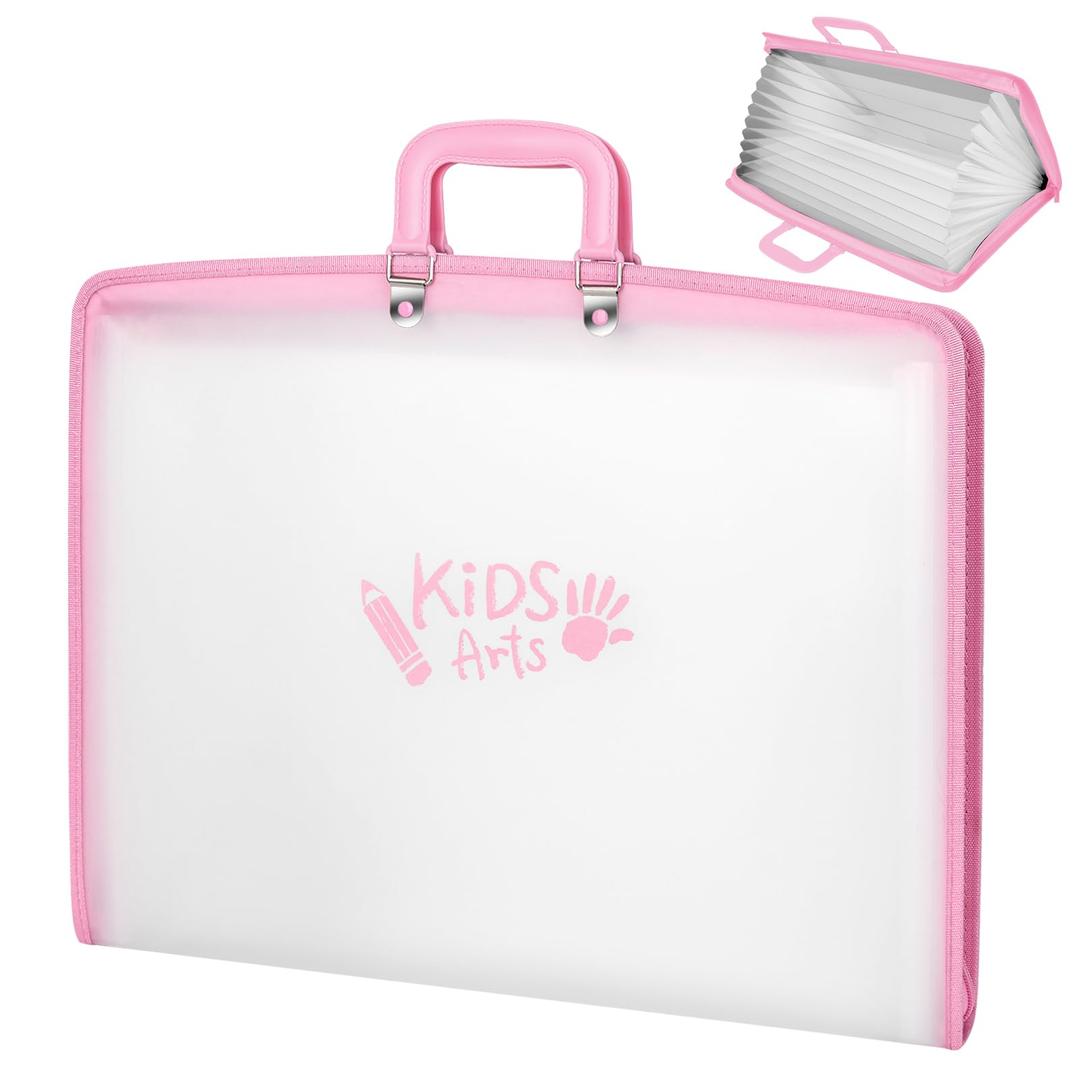11x17 Kids Art Portfolio - Accordian File Organizer with 13 Pockets, Art Portfolio for Kids with Handle and Zipper Closure - Oxford Cloth, Frosted Translucent Artwork Folder for Children - Pink
