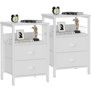 Furologee Nightstands Set of 2, End Table with 2 Fabric Drawers, Night Stand with 2 Hooks, Open Wood Shelf Bedside Table for Bedroom/Living Room/White