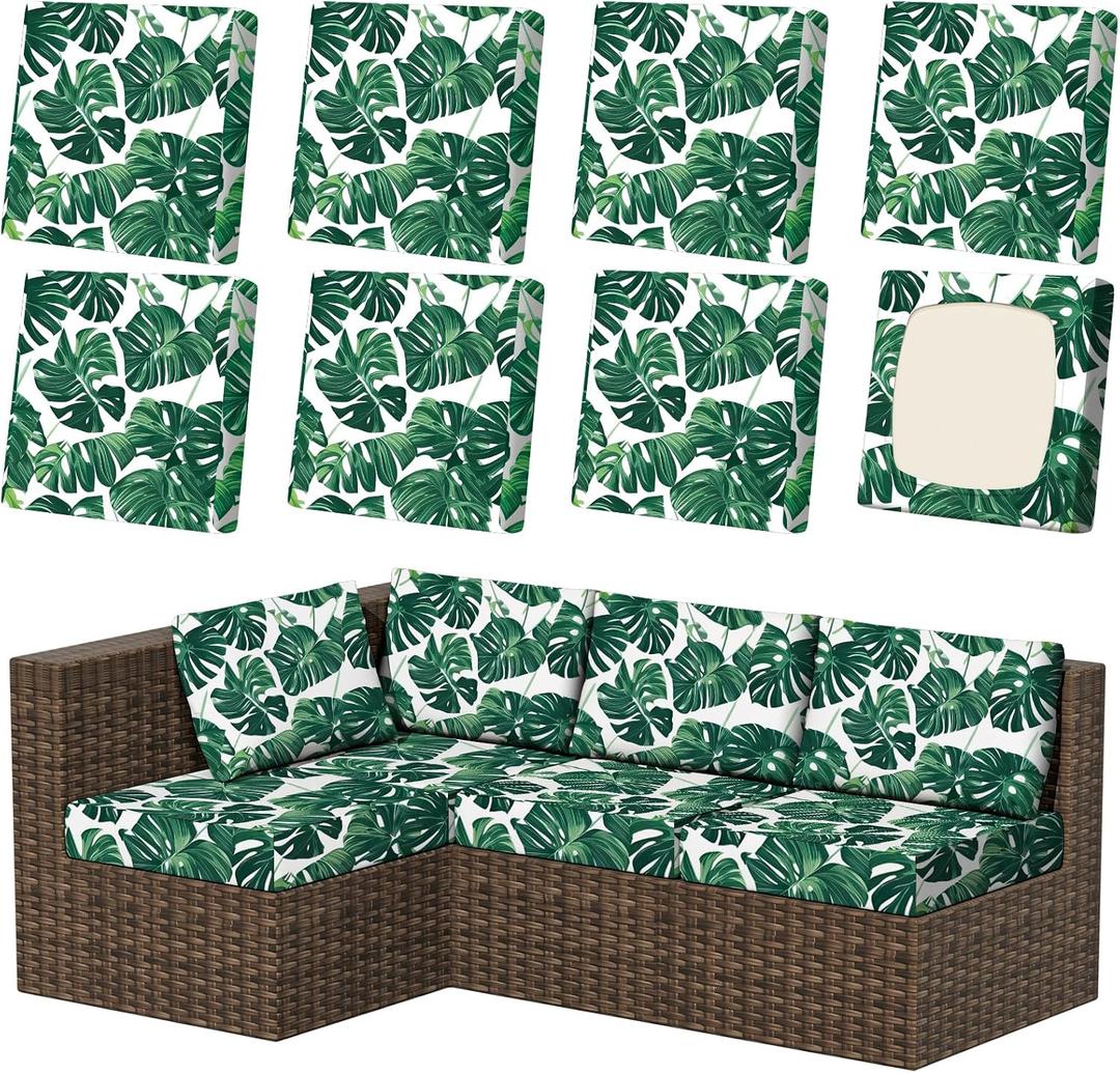 8Pcs Patio Stretch Cushion Covers, Outdoor Couch & Sofa Replacement Slipcovers for Patio Furniture Cushion Covers, Washable Reusable Furniture Protector, Square Large, Green Leaf