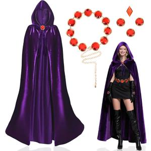 KJXRHQZ Women's Purple Velvet Hooded Cape with Anime Cosplay Belt –Long purple cloak, Witch & Halloween Costume, Size 130