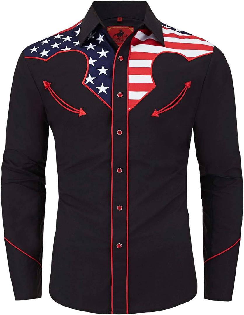 DIFICIL SLOG Mens American Flag Embroidered Snap Button Down Shirts Western Cowboy Patriotic Regular Fit Long Sleeve Shirt (X-Large, Black)