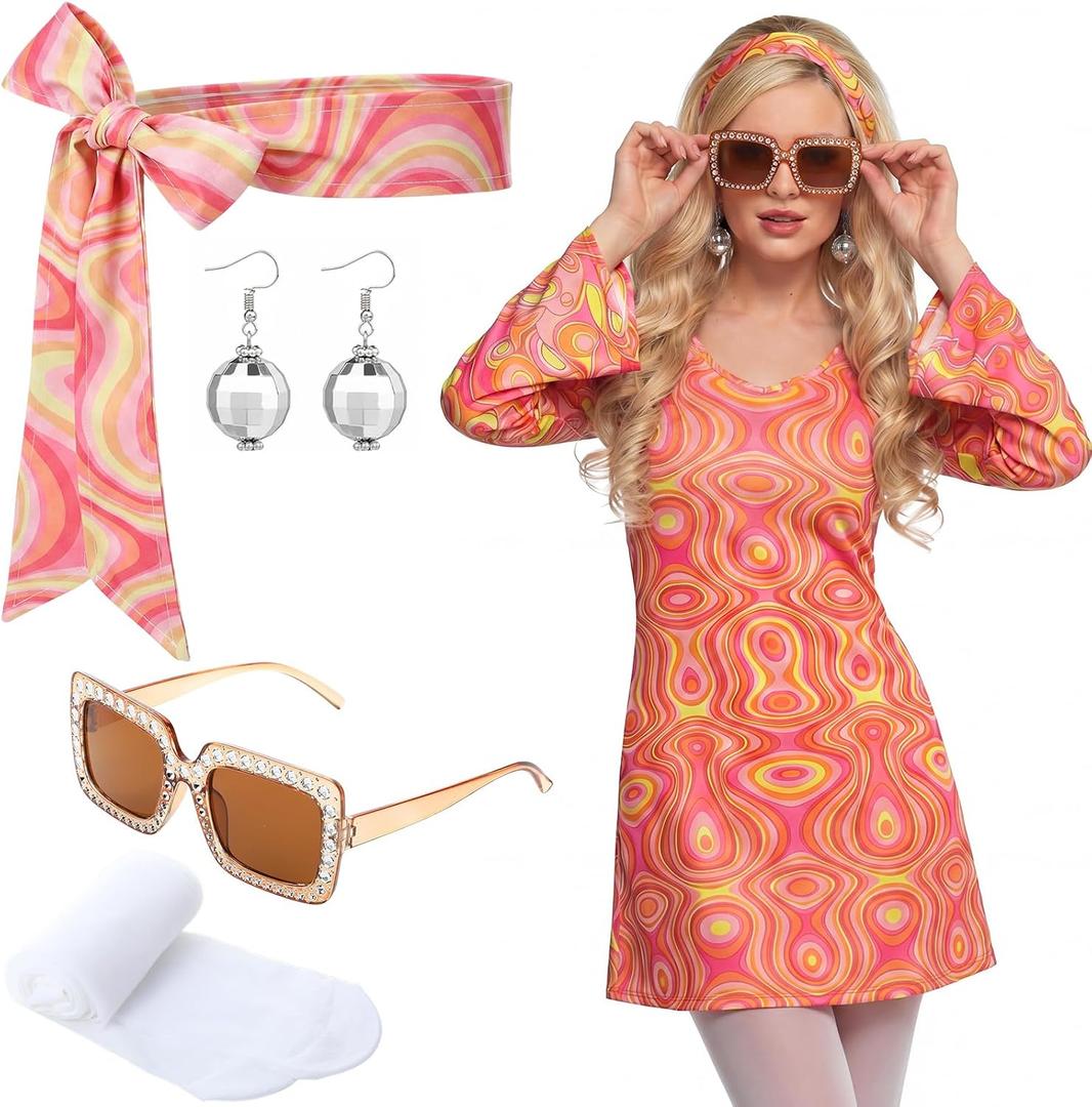 Janmercy 5 Pcs 70s Disco Outfit for Women Hippie Costumes Accessories 70s 80s Halloween Decades Party Cosplay, Large