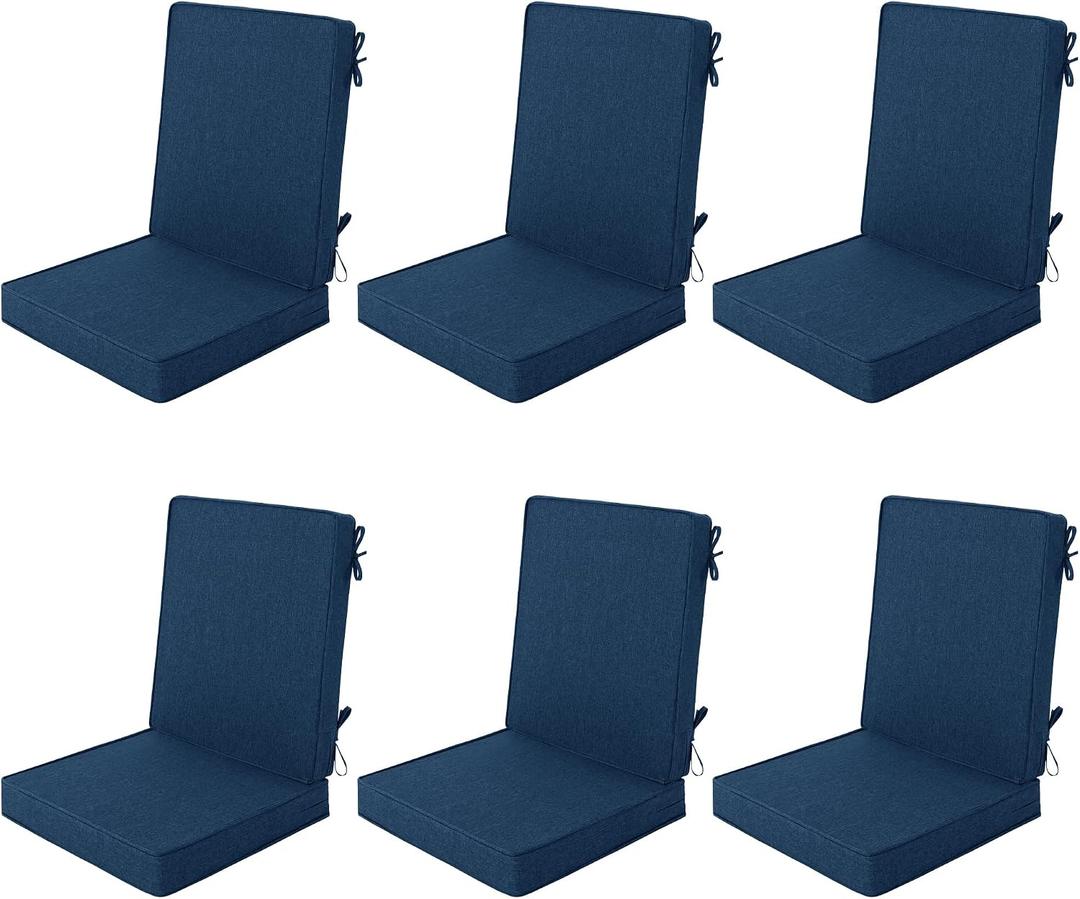 Outdoor Chair Cushions 20x20, Water-Resistant & Fade-Resistant, Patio Furniture Lawn Dining Chair Seat Replacement with High Back, Ties Zipper, Removable Cover, Set of 6, Navy Blue