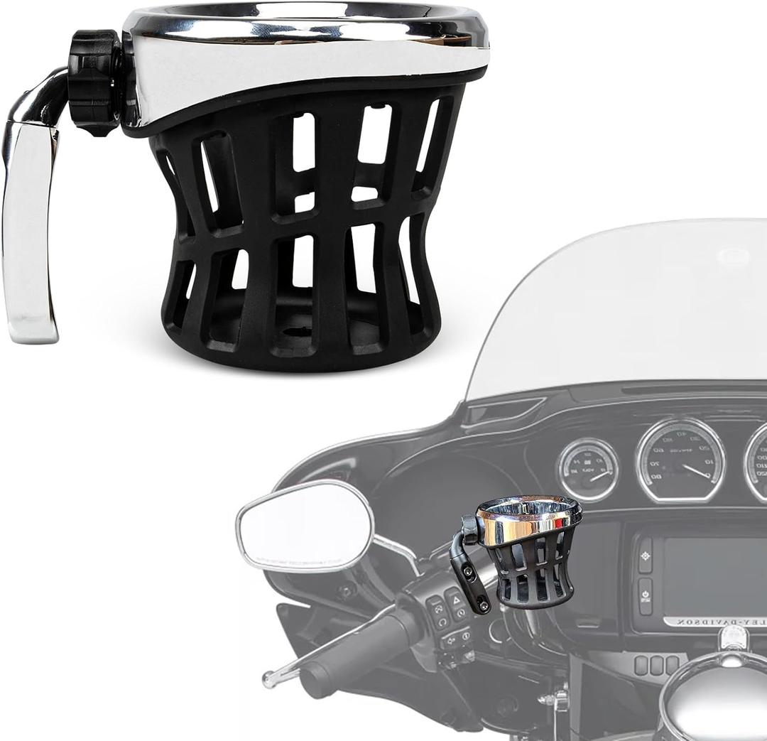 PSLER Motorcycle Drink Cup Holder Handlebar Mount Universal for Dyna Fat Bob Touring Road Glide Street Electra Glide Softail 1996-up Goldwing GL1800 2018-up (85MM, Chrome)