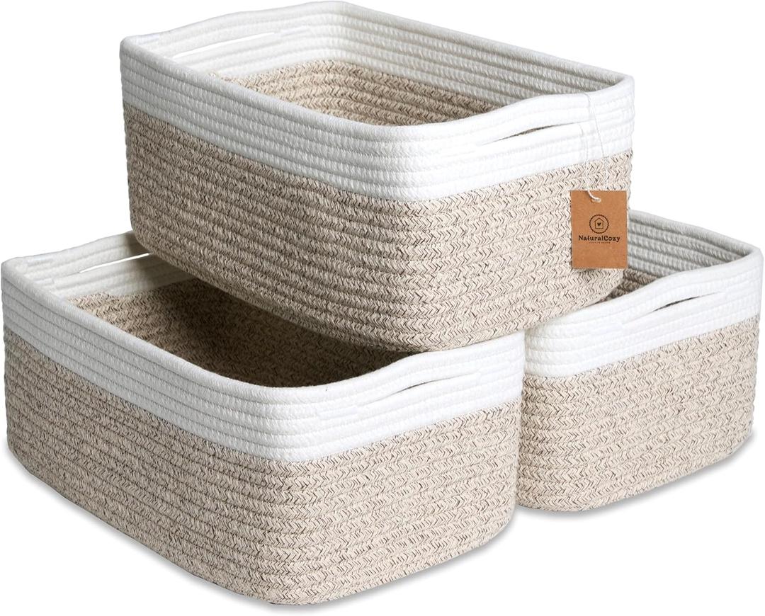 NaturalCozy 13.5x8.5x5.5 Storage Baskets for Shelves 3 Pack | Cotton Rope Woven Small Baskets for Organizing | Small Storage Bins for Nursery, Bathroom, Closet, Cube Shelf, Decorative, Gift (Off White & Mixed Brown)