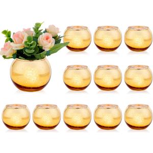 Dandat 12 Pcs Round Flower Vase Centerpieces for Table, Small Gold Vases Tea Light Candle Holders Glass Vase Wedding Home Decor Votive Candle Engagement Party Decorations, 3.5 x 2.8 Inch