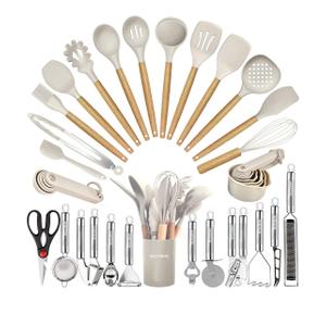 Kitchen Utensils Set- 35 PCs Cooking Utensils with Grater,Tongs, Spoon Spatula &Turner Made of Heat Resistant Food Grade Silicone and Wooden Handles Kitchen Gadgets Tools Set for Nonstick Cookware (Khaki)