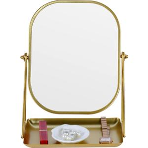 360 Degrees Rotating Metal Makeup Mirror with Storage, Vanity Mirror for Desk, Bathroom, Bedroom, Dressing Table (Gold)