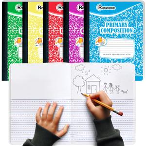 5 Pack Primary Composition Notebook, 200 Pages (100 Sheets), Drawing Story Journal Writing Notebook, 9-3/4 x 7-1/2, Primary Composition Notebook for Kids, Grades K-2, With Header For Drawing