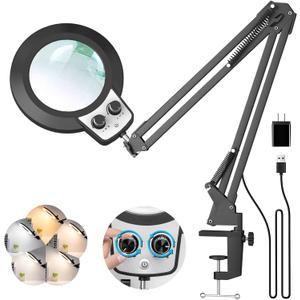 KIRKAS 12X Magnifying Glass with Light and Stand, Overhead Knob Magnifying Lamp for Workbench Craft, Sewing, LED Lighted Magnifier Real Glass Lens Adjust Arm Stepless Dimming and Color(22in Clamp)