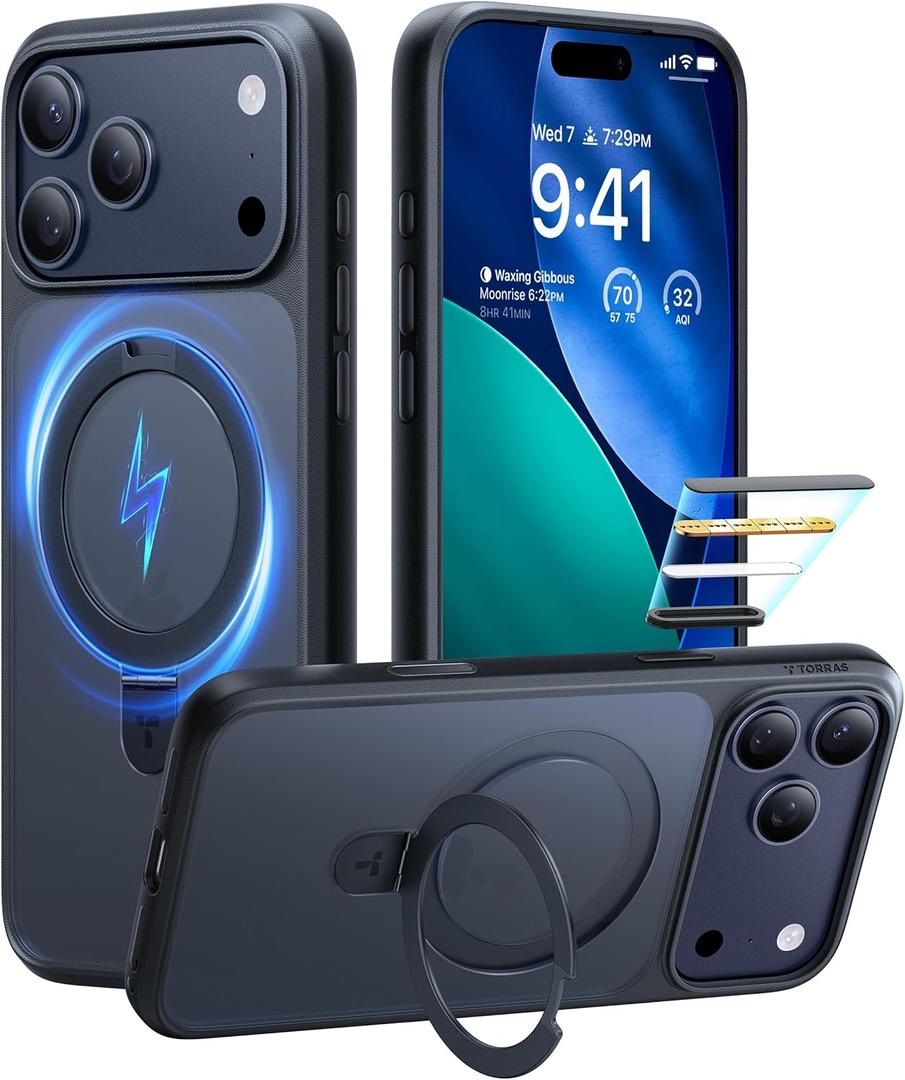 TORRAS Ostand Magnetic for iPhone 17 Pro Max Case, Fit for MagSafe, Sturdy Stand, Military Grade Drop Tested, Camera Control, Translucent Slim Soft Edge Case for iPhone 17 Pro Max 6.9", Black