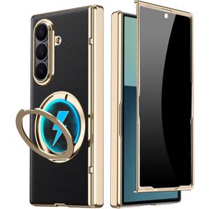 for Samsung Galaxy Z Fold 7 Leather Case with Ring Stand, Z Fold 7 Magnetic Case Compatible Magsafe Accessories Privacy Screen Protector Hinge Cover Anti-spy Phone Case for Z Fold 7 Black