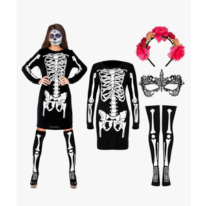 Ramede 4 Pcs Day of The Dead Costume for Women Halloween Cosplay Skeleton Dress Thigh High Socks Flower Headband Lace Mask XL