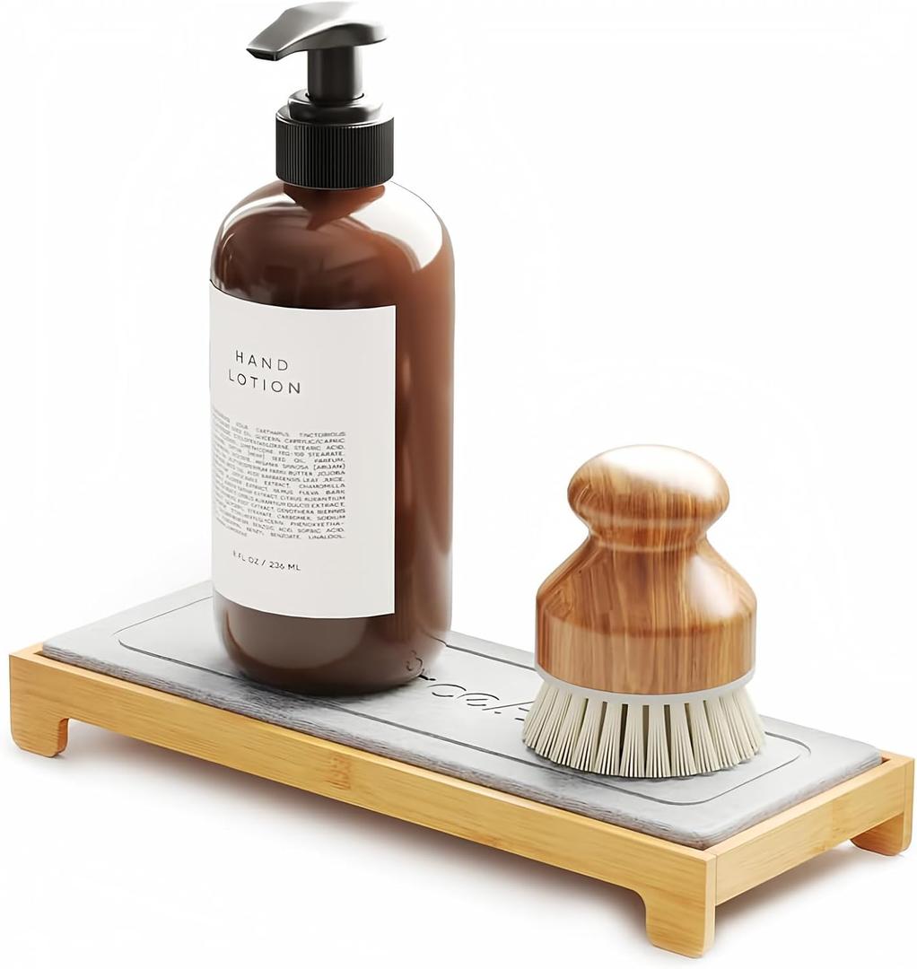 SpaceAid Drying Neat Instant Dry Sink Caddy Organizers, Kitchen Sponge Soap Holder Dispenser, Countertop Fast Drying Counter Tray Rack (Bamboo, Gray)