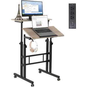 Hadulcet Mobile Standing Desk with Charging Station, Adjustable Standing Computer Desk, Standing Adjustable Laptop Cart with Wheels for Home Office Classroom Light Grey (23.6")