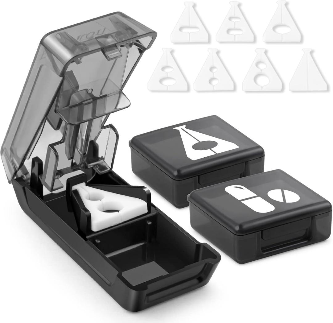 Fullicon Pill Cutter for Small or Large Pills, Pill Splitter with V-Shape Holder, Medicine Slicer with Sharp Blade,Tablet Splitter with Two Large Pill Organizers-Black