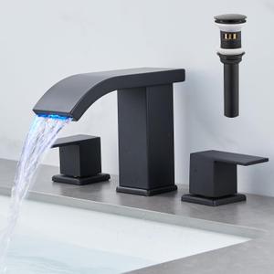 LED Bathroom Faucet 3 Hole 8 inch Widespread with Pop Up Drain Black Bathroom Sink Faucet with LED Spout, 2 Handle Vanity Faucet with Water Supply Hoses