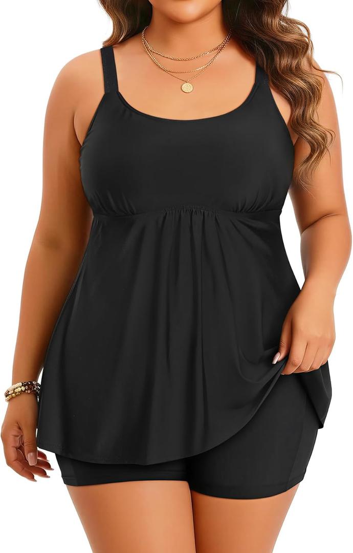 Holipick Plus Size 2 Piece Swimsuit - Women Tankini Bathing Suits Flowy Swim Top with Boy Shorts (Black, 21W)