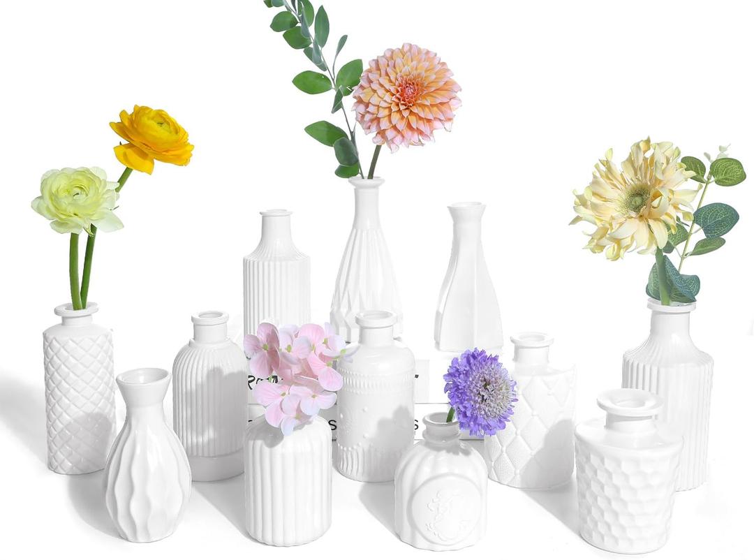 UPBUD White Glass Bud Vases Set of 12, Small Vases for Flowers, Mini Flower Vases in Bulk for Wedding Decoration, Vintage Vase for Baby Shower Centerpieces, Home Dcor