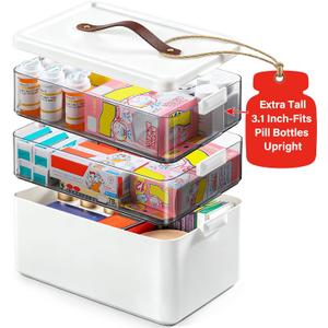 Homaigie Extra Tall 3-Tier Medicine Cabinet Organizer for Upright Medicine Bottles Organizer, Portable Medicine Storage Box with Leather Handle, Empty First Aid Kit Container for Home, Travel