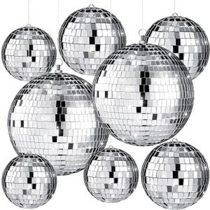 Haull 8 Pcs Large Disco Ball Set Silver Mirror Disco Reflective Ball with Hanging Ring Party Ornament Decoration for Stage Club Ballroom Dance Hall Wedding Prom Props(3'', 4'', 6'')