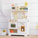 Wooden Play Kitchen for Kids with Ice Maker Small White Pretend Kitchen Set with Sink, Stove, Oven & Microwave, Utensils and Storage, Montessori Role-Play Toy, Gift for Toddlers Ages 3+