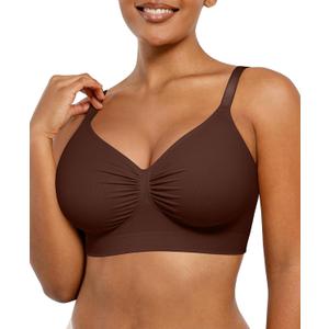 SHAPELLX Wireless Comfy Bra for Women Seamless Bra Non Padded Soft Bralette V Neck Everyday Bras with 4 Rows of Hooks (Medium, Brown)