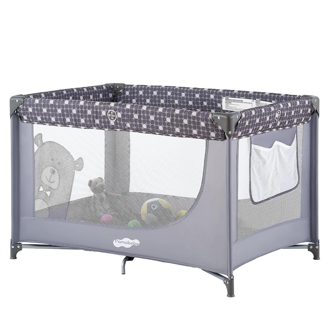 Pamo Babe Compact Pack and Play - Portable Crib for Baby, Lightweight Foldable Travel Playard with Mattress Pad & Carry Bag, Safe Breathable Travel Bed for Home, Trips & Family Visits, Cute Pattern