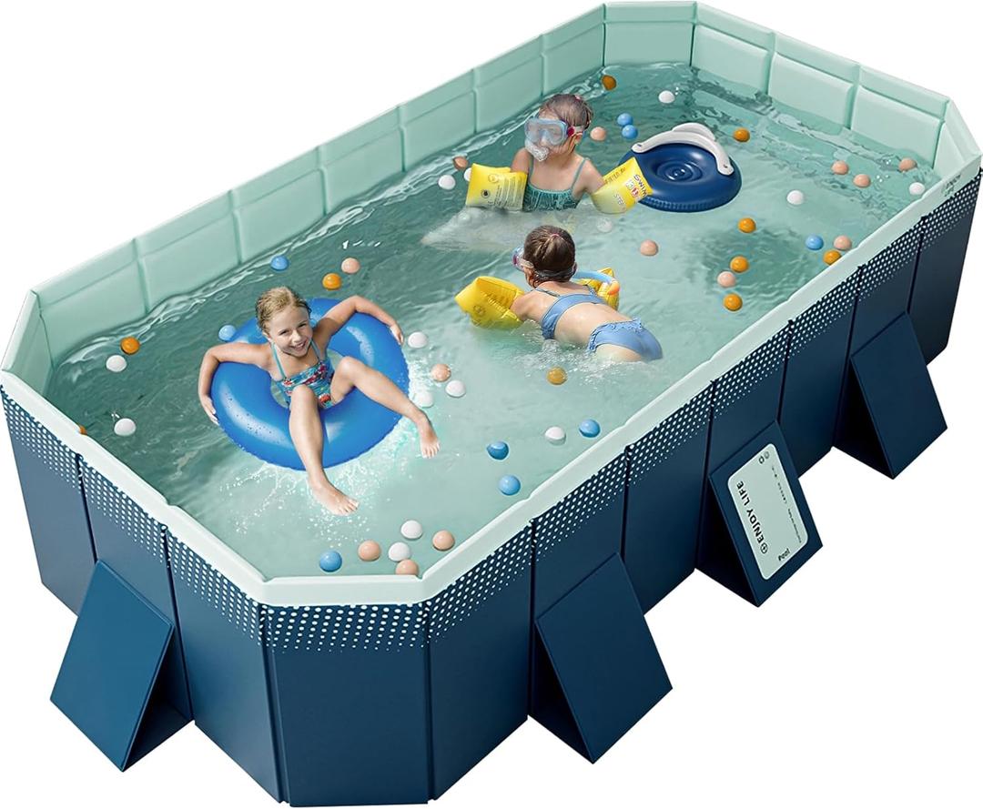 WIRHAO Foldable Non-Inflatable Kids' and Adults' Outdoor Swimming Pool Hard Plastic Shell Kid Pool for Backyard Dog Pools (113" x 66" x 20")