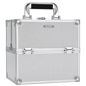 FRENESSA Makeup Train Case Makeup Organizer Box Portable Cosmetic Travel Case with Lock 4 Trays Aluminum Hard Vanity Box Make Up Artist Nail Beauty Storage Organizer Cosmetic Suitcase Bright Silver