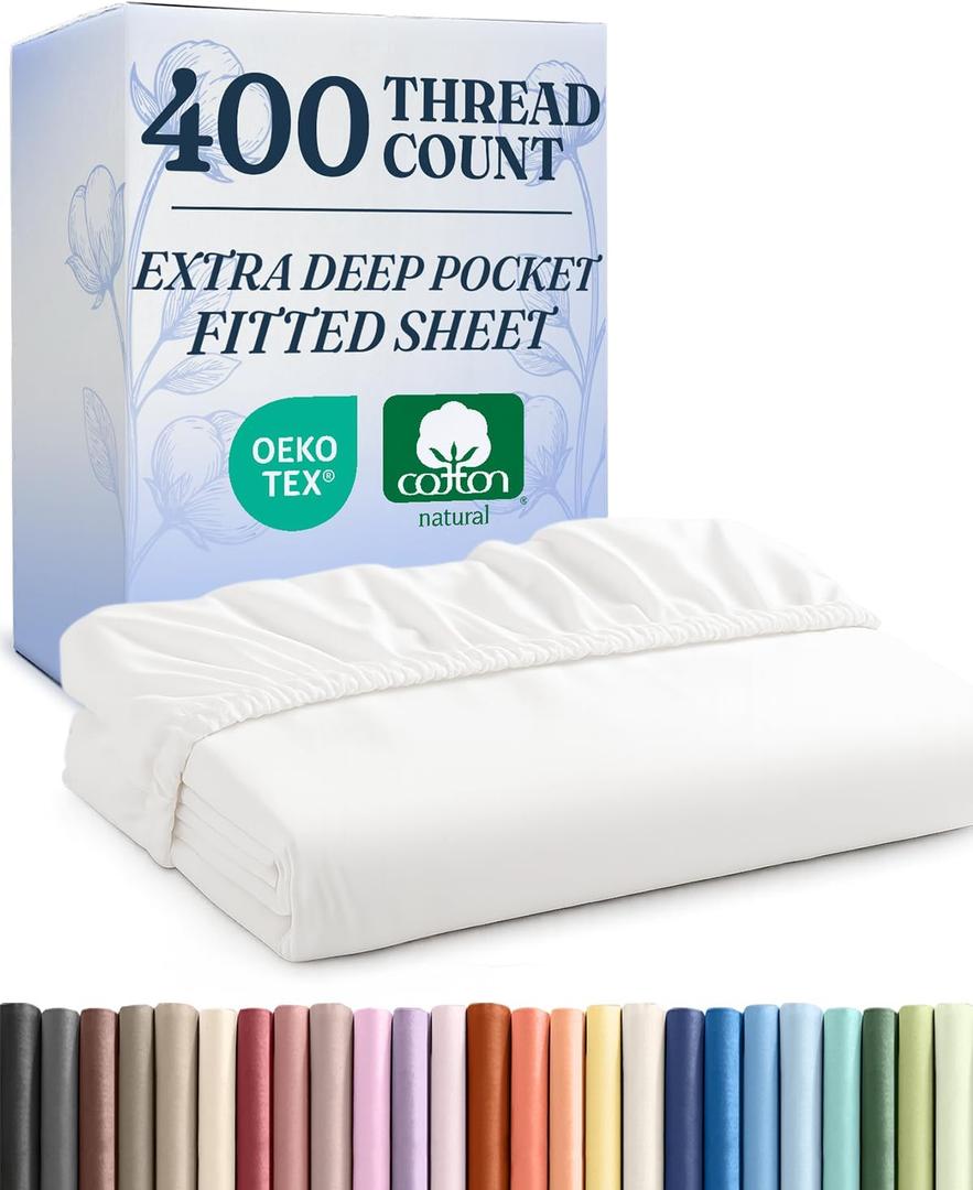 Extra Deep King 400 Thread Count Cotton Fitted Sheet - Hotel Luxury Single Fitted Sheet Only - Easily Fits 18" to 24" Mattress - Soft, Wrinkle Free, Breathable & Comfy Extra Deep Pockets White Fitted
