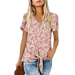 Addtoo Women's Summer Plus Size Casual Button Down Shirts Tie Knot V-Neck Blouses Chiffon Tops, XX-Large
