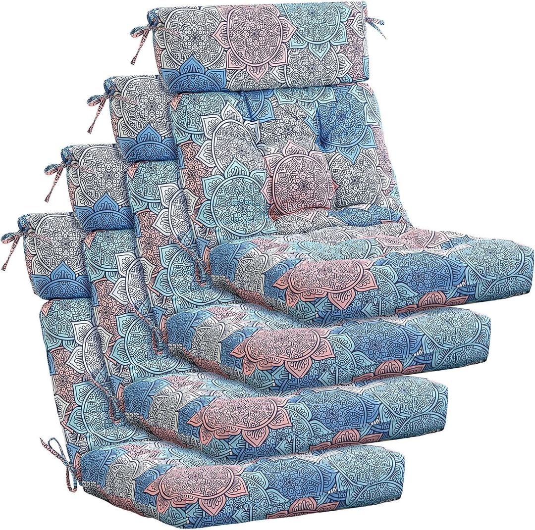 Barydat 4 Pcs Tufted High Back Chair Cushion Indoor Outdoor Seat and Back Cushions Palm Leaves Tropical Plants Lawn Rocking Chair Pads with Ties for Adirondack Patio Garden(Blue Flower), 43.4 X 21 X 3.3 Inches