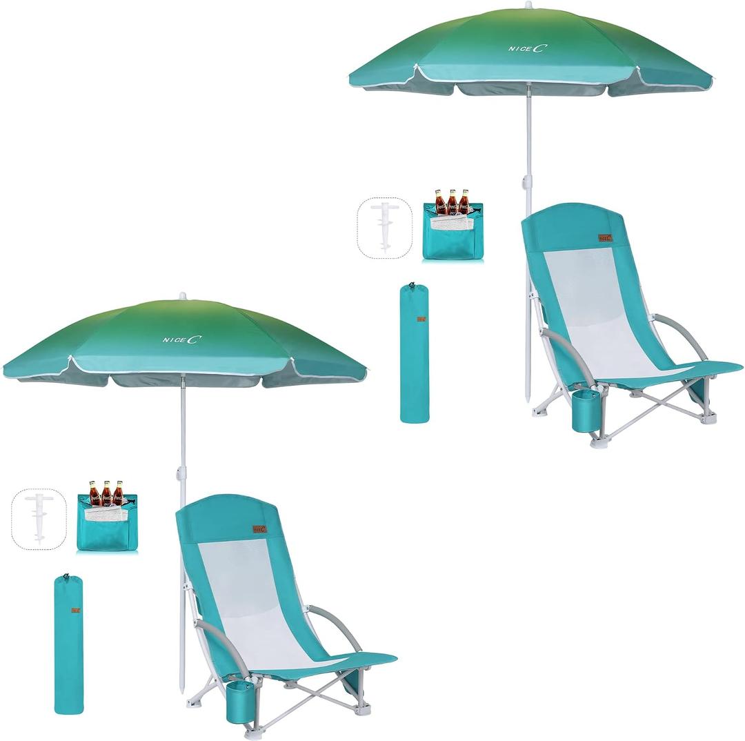Nice C Beach Chair, Sand Chair, Lake Chairs for Adults with Umbrella and Cooler, Low Beach Chairs High Back, Cup Holder & Carry Bag & Heavy Duty Compact Outdoor, Camping (Set of 2 Blue)