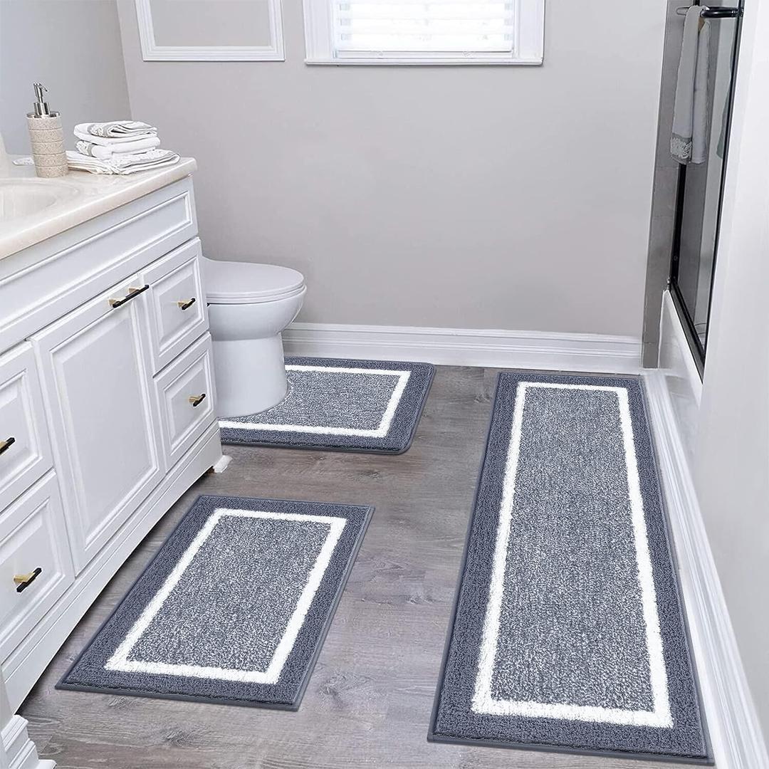 Pauwer Bathroom Rugs Set 3 Piece Non Slip Washable, Plush Absorbent Microfiber Bath Mat Shower Rug Runner Quick Dry, Super Soft U Shaped Toilet Mats Floor Carpet, Dark Grey, 18"x26"+18"x48"+u Shape 20"x24"