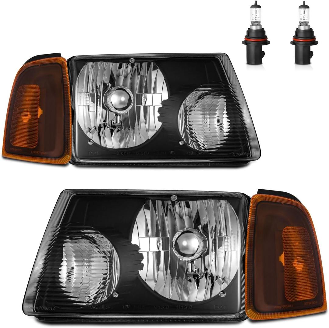 Headlights for 2001-2011 Ford Ranger 6L5Z13008BA/6L5Z13008AA | Halogen Headlamp Replacement with High Low Beam Bulbs, Black Housing, Driver & Passenger Side