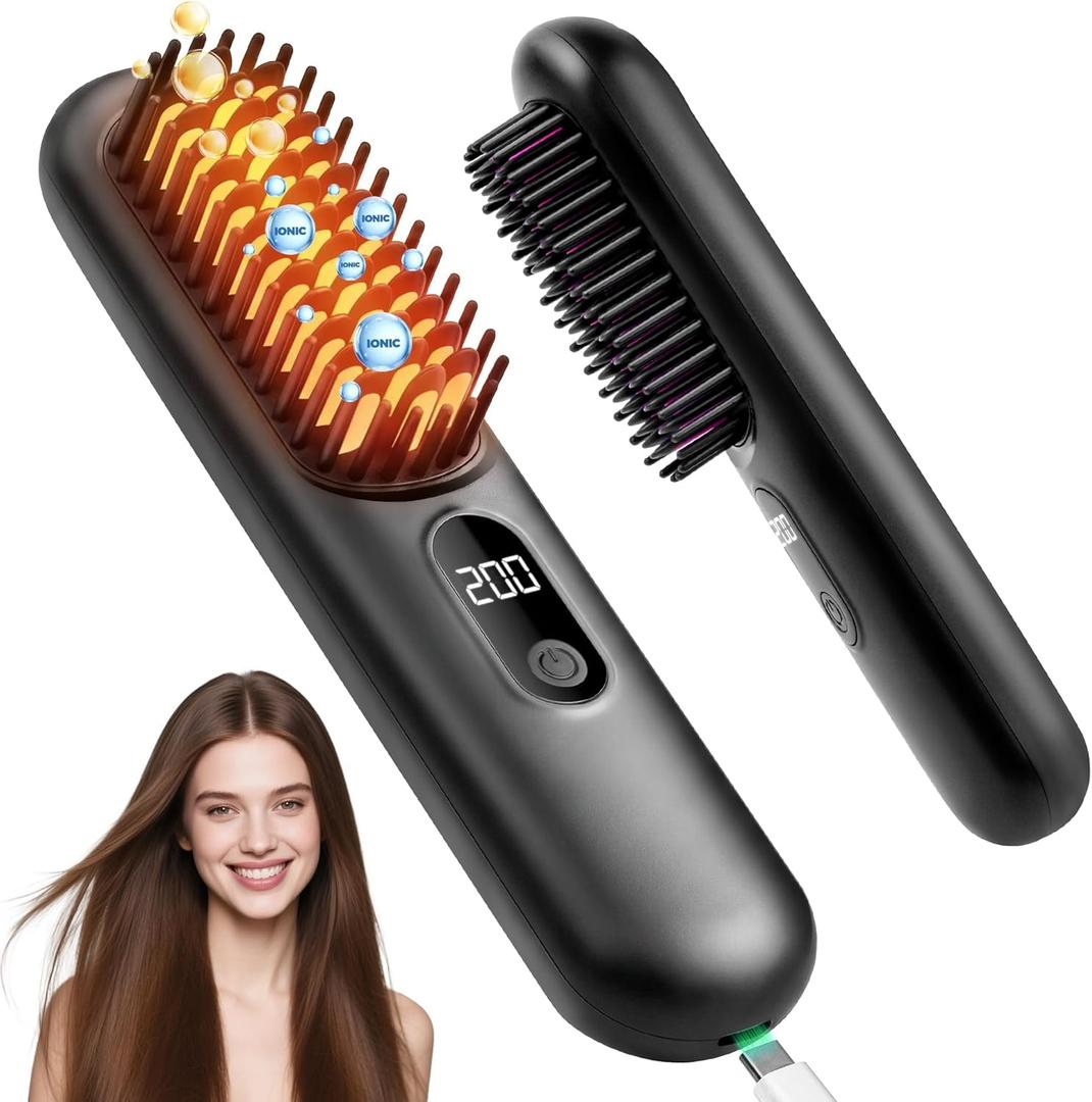 Go Brush Pro 2026, Cordless Hair Straightener Brush, Mini Hair Straightener with 3 Temperature Settings, Portable Hair Straightener Brush with MCH Heating and Ionic & Ceramic Care for Women (Black)