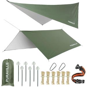 Puraville 10x10 ft Rectangle Lightweight Camping Tarps, Portable Waterproof Hammock Rain Fly Tent Tarp for Camping Backpacking, Green