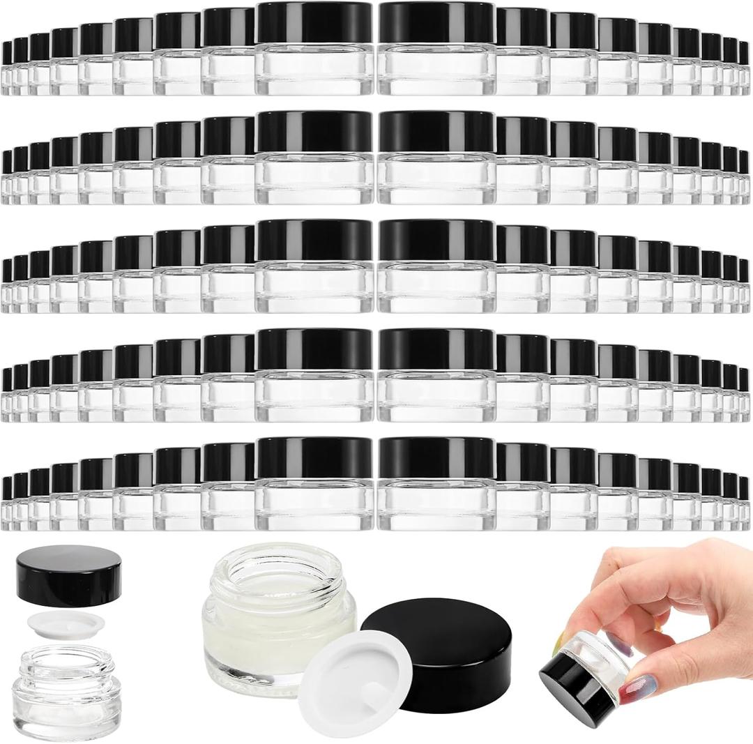 Coloch 90 Pack 5ml Empty Glass Jars with Black Lid, Clear Airtight Cosmetics Container Bulk Refillable Tiny Sample Jar for Cosmetics, Lotion, Cream, Samples, Wax, Skincare, Travelling, Retail Store