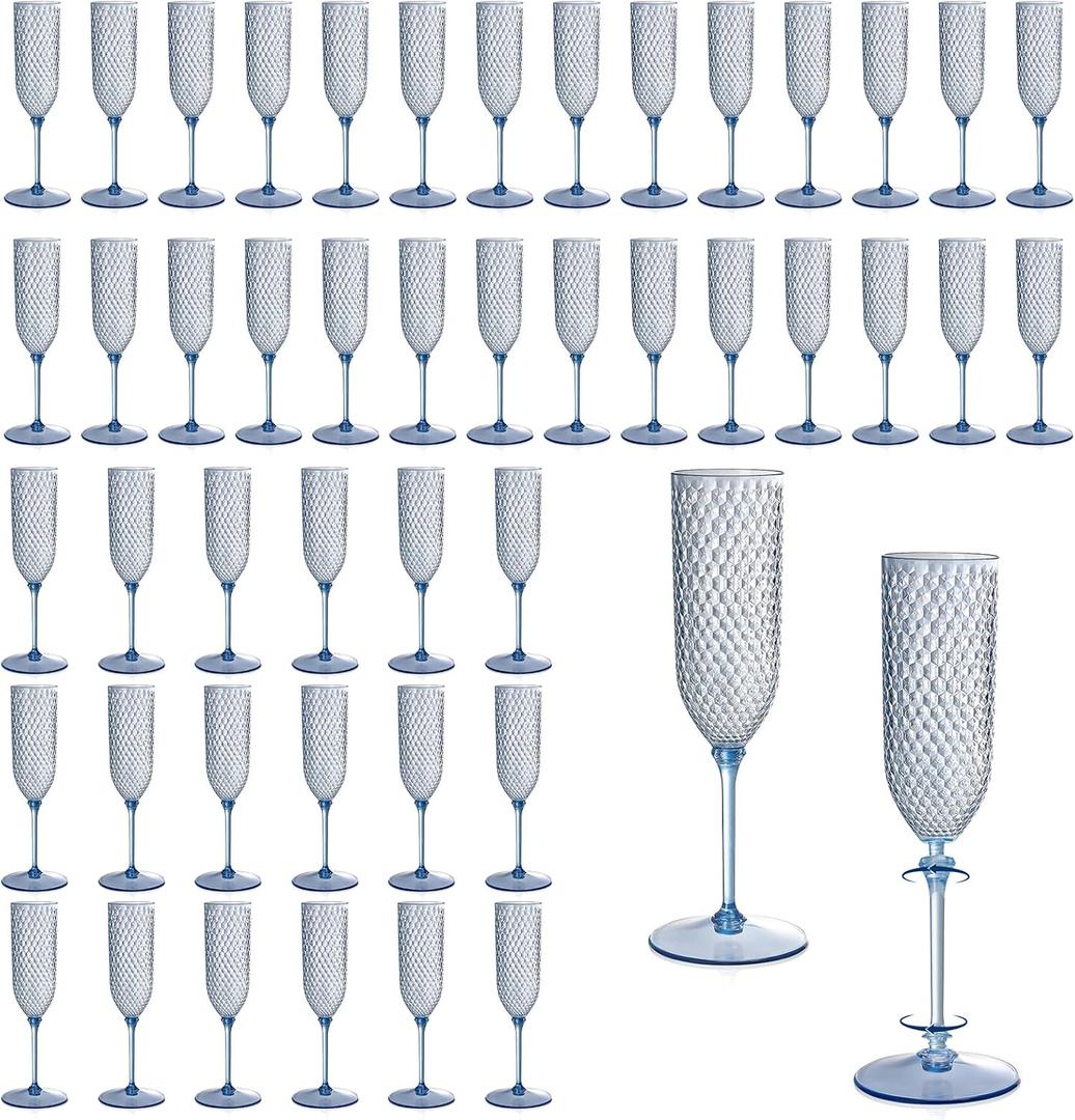 XUWAIDSGN 48 Pack Blue Detachable 2-piece Champagne Flutes 5.5 Oz Unbreakable Plastic Mimosa Disposable Champagne Glasses Drinking Cups Stemmed Reusable Glasses for Wedding