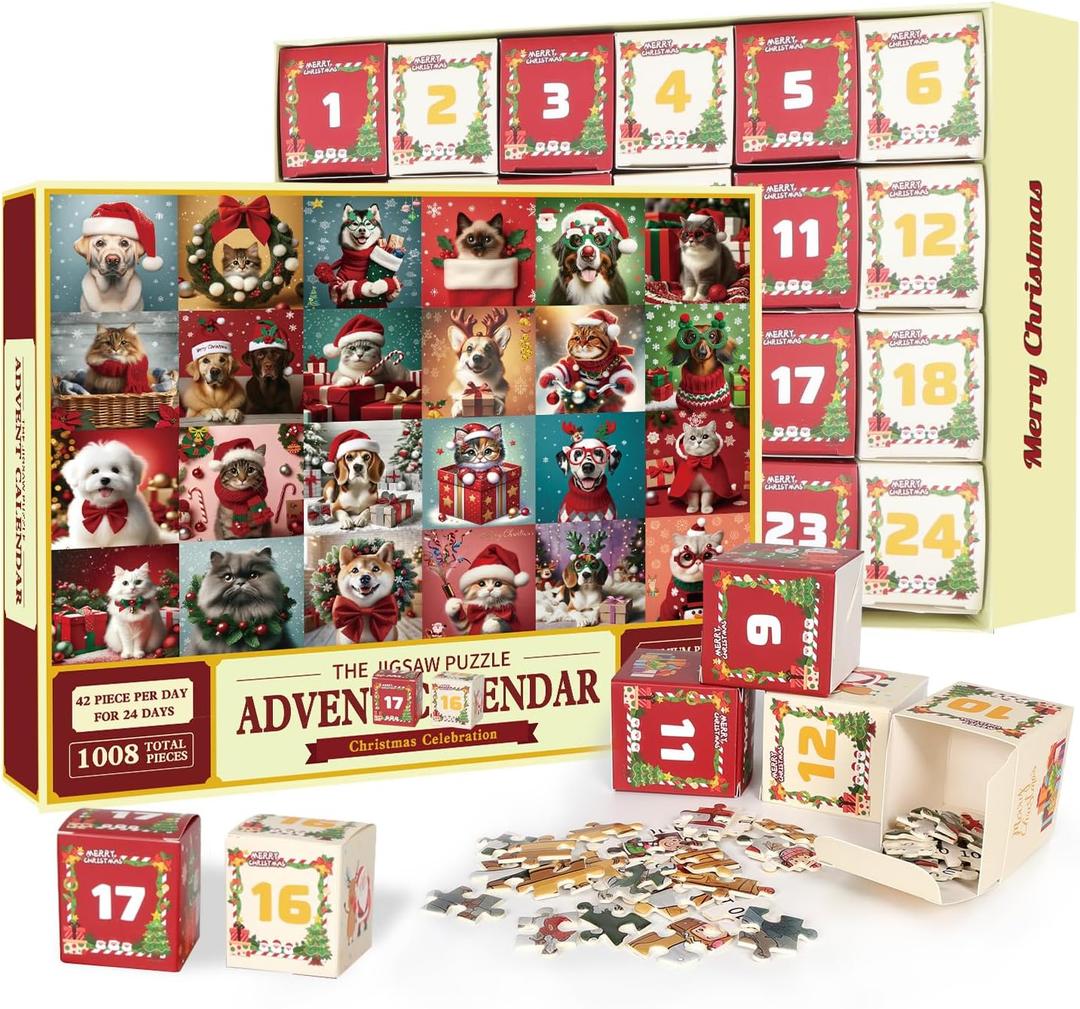 Christmas 2024 Advent Calendar Puzzle,1008Pcs Dog&Cat Advent Calendar Puzzle Christmas Gifts for Family Games for Kids, Adult, 2 Pack