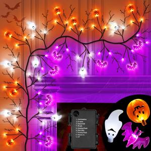 7 Ft 63 LED Halloween Willow Vine Twig Garland with 8 Modes Timer Orange Purple White Lights,7 Pumpkin Bat Ghost, Garland with Battery Operated for Wall Fireplace Halloween Decorations