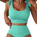 Herseas Women 2 Piece High Waisted Bikini Sets Seashell Textured Tie Strap Swimsuits Bathing Suit Beach Summer Outfits (Small, Turquoise)
