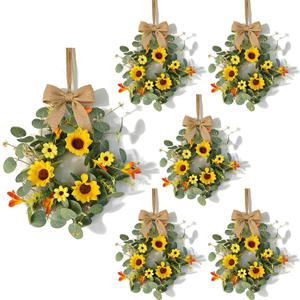 6 Pcs Summer Sunflower Mini Hanging Wreaths for Cabinets Artificial Small Candle Ring Wreaths with Daisy Flower and Eucalyptus Leaves for Home Kitchen Front Door Window Farmhouse Porch Wall Decor