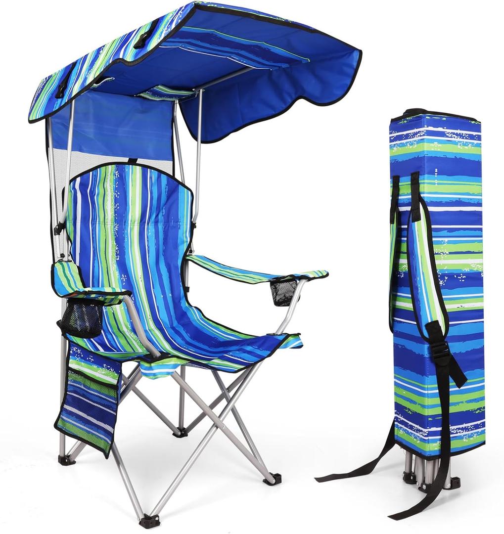 Portable Camping Chair with Canopy - Folding Chair with Canopy, Durable 600D Oxford Canopy Chair for Camping, Beach, Picnics, Fishing & Sports (1pack Stripe Green)