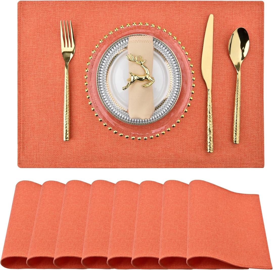 SLKQG Thanksgiving Linen Placemats Set of 8 - Heat Resistant & Machine Washable Table Mats for Holiday Dining, Double-Layered Fabric for Family Gatherings - Indoor Outdoor Use (8, Orange)